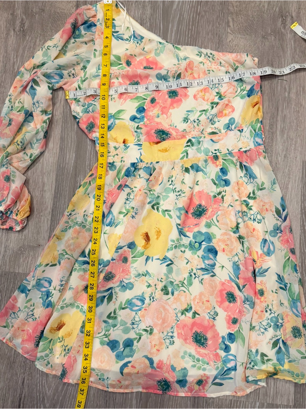 FLYING TOMATO Watercolor Floral One Shoulder Mini Dress Womens Large L Chiffon - Picture 8 of 8